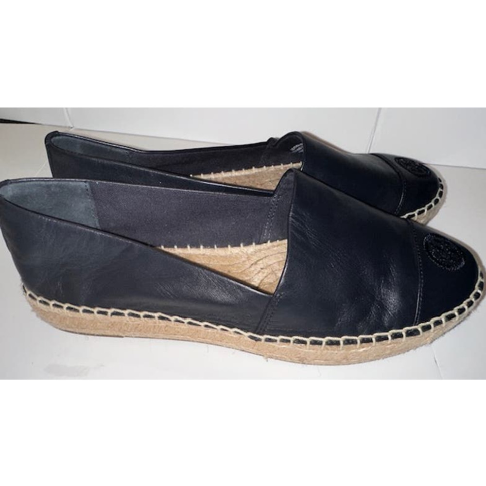 Tory Burch Logo Leather Espadrille Shoes in Navy Size 8
